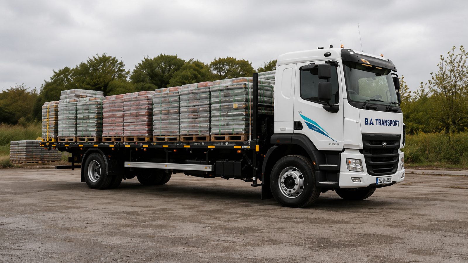 Rigid flatbed transport — BA Transport truck loaded with palletised goods for haulage across Ireland