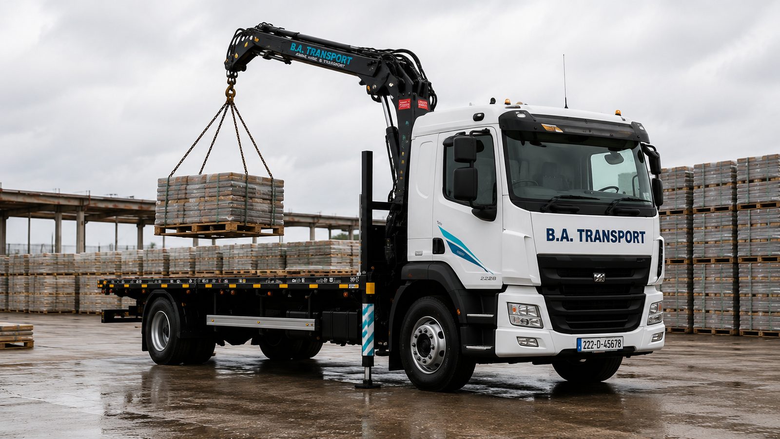 HIAB crane hire in Ireland — crane lifting palletised materials from a BA Transport truck
